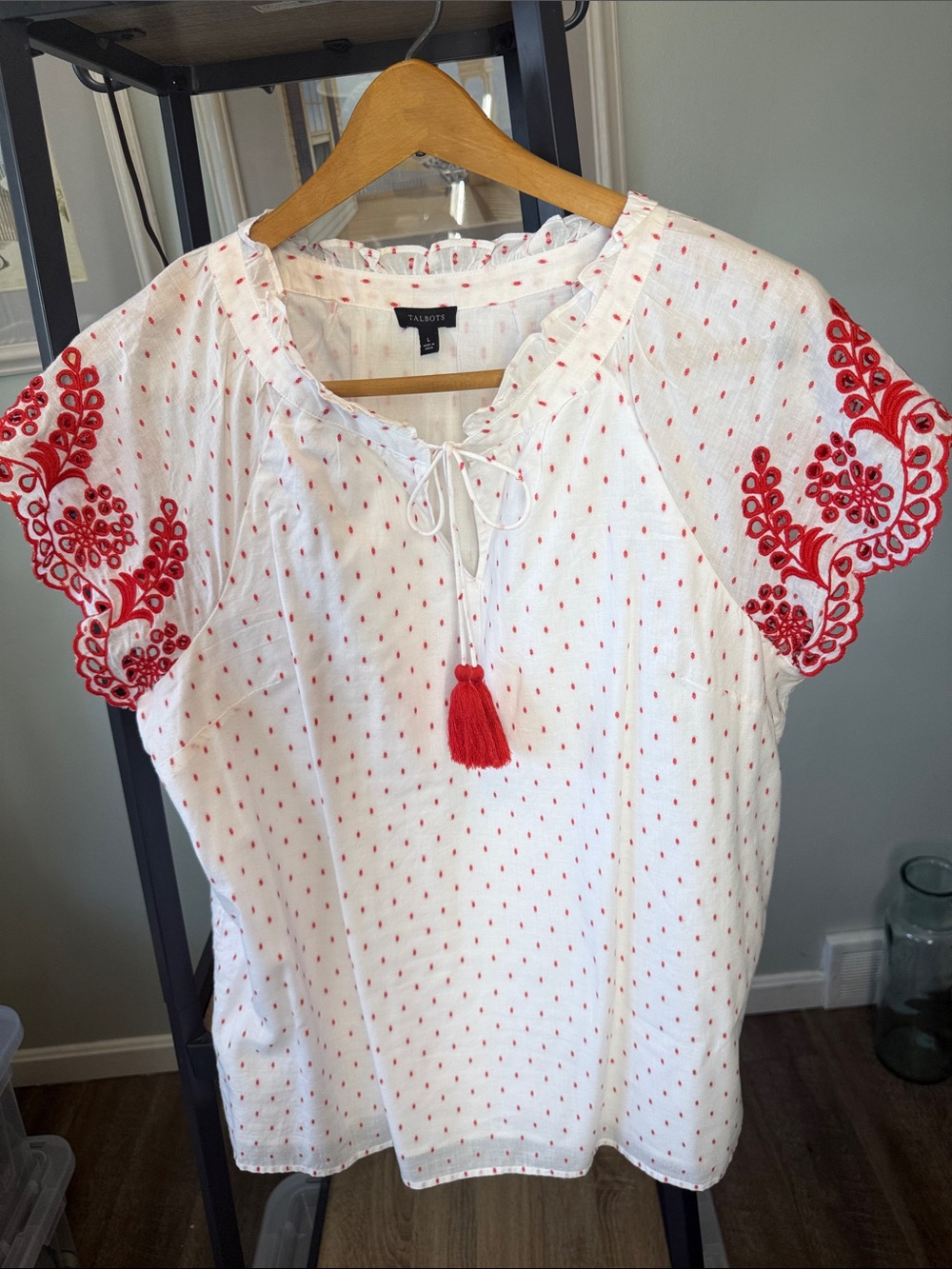 Talbots White Peasant Blouse with Red Embroidery and Tassel - Picture 3 of 5
